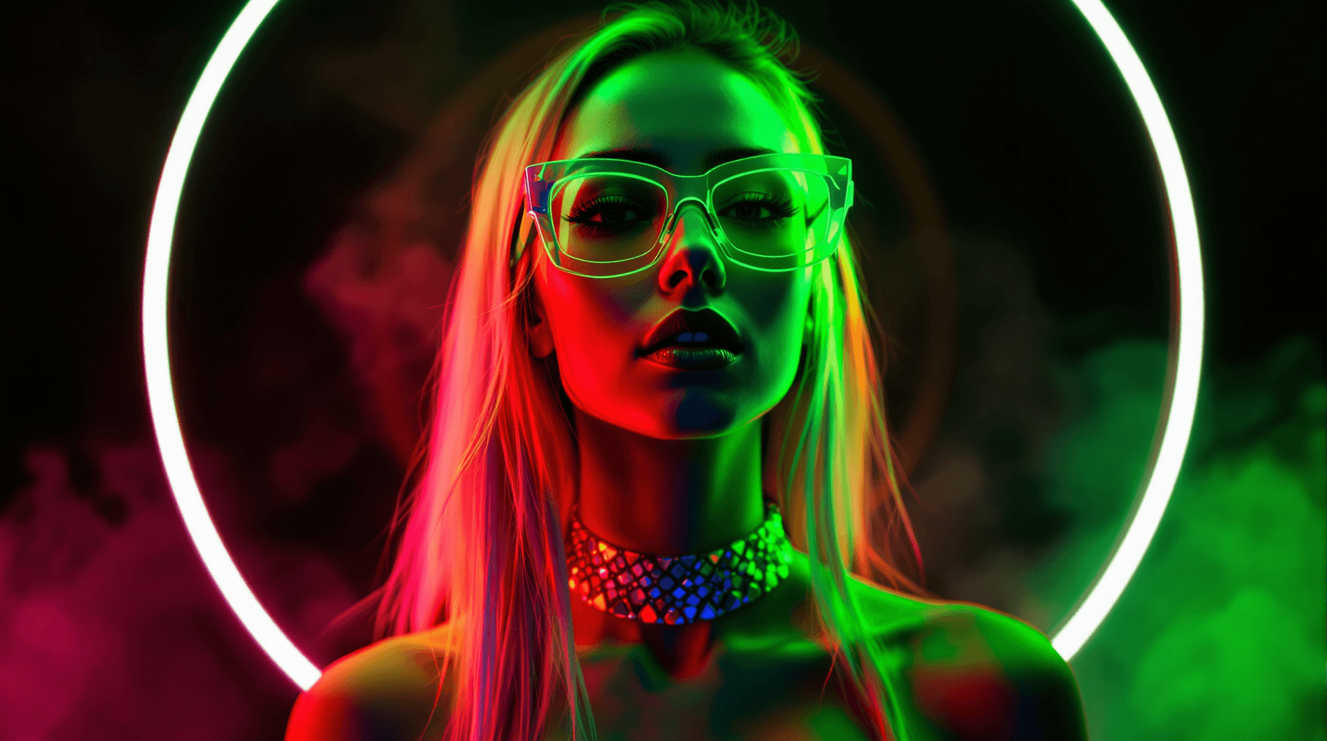 AI generated: A futuristic, cyberpunk-inspired portrait of a woman with long, flowing blonde hair. She wears trans...