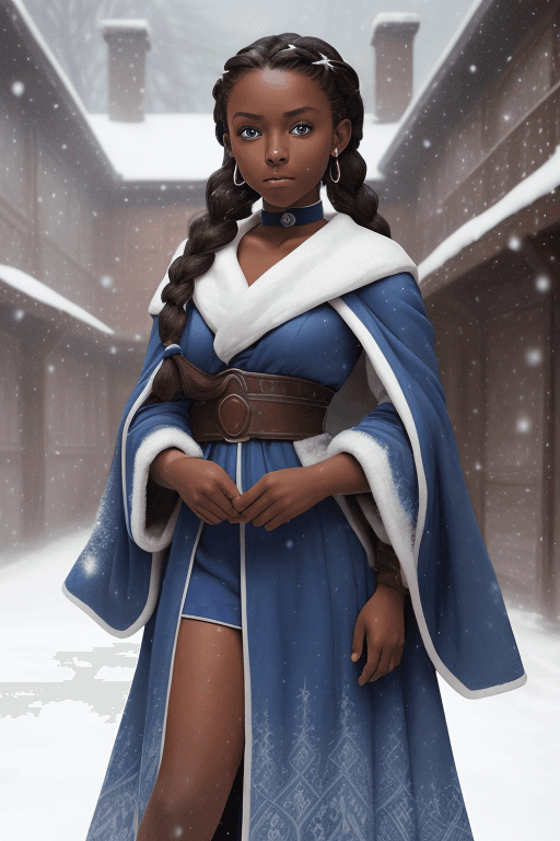 AI generated: (katara:1.2), dark skin, dark-skinned female, blue eyes, brown hair, (braid:1.2), choker, (blue outf...