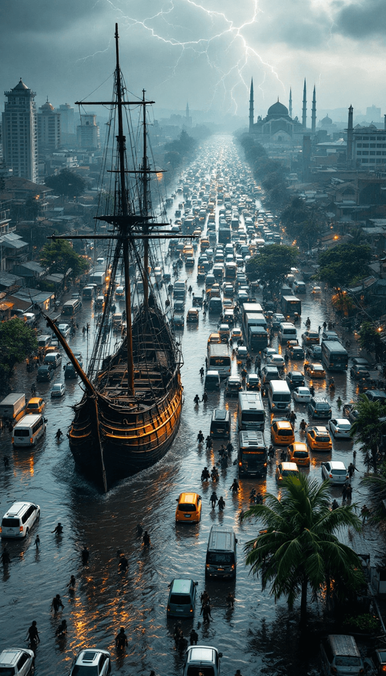 AI generated: create a hyper realistic scene, Aerial view, a major flood that occurred on the highway of Makassar ...