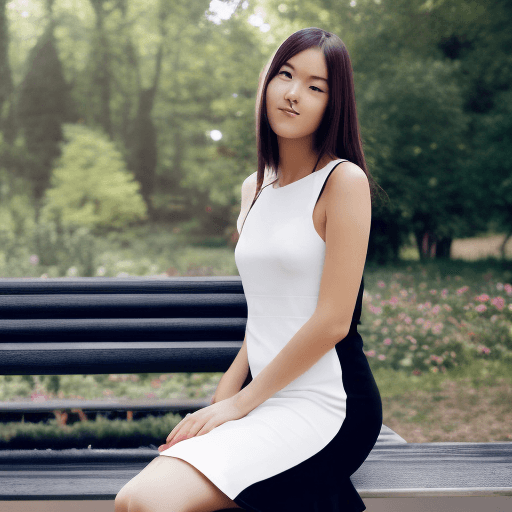 AI generated: Photo of a cute girl wearing a seductive black dress sitting facing forward very demurely on a bench...