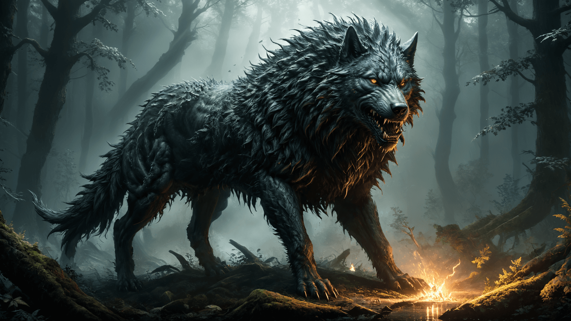 AI generated: Visually striking and intricate image of a menacing wolf-like creature with a long, bristling mane, ...