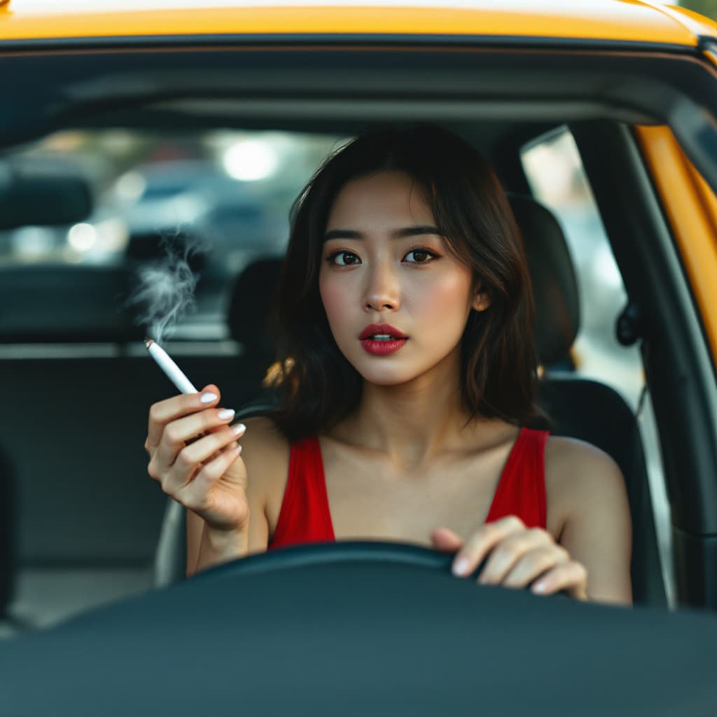 AI generated: Asian girl,  She is wearing red tank top,
The woman is smoking a cigarette, which she holds in her r...