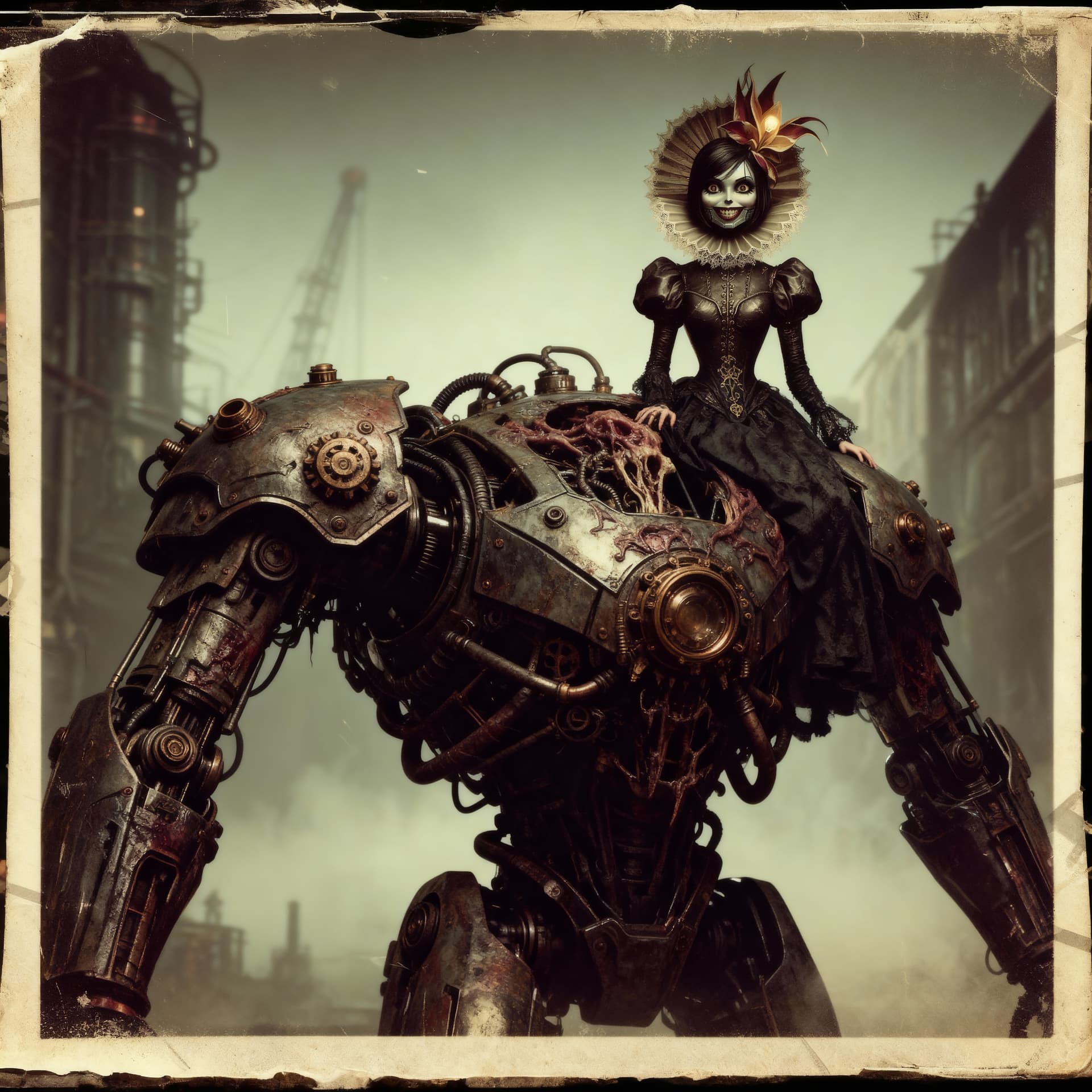 AI generated: 1930-s,creepy steampunk girl,sitting on steampunk biomech robot,