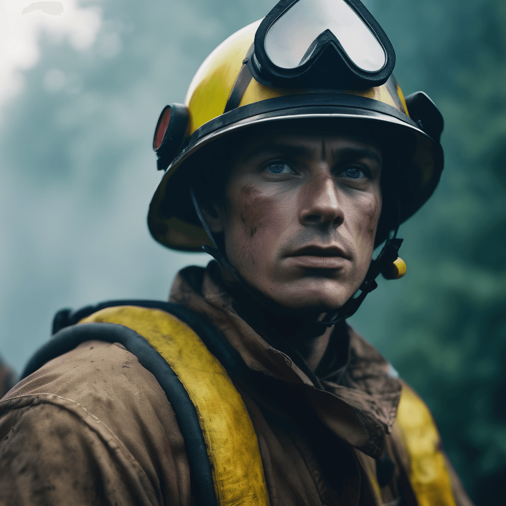 AI generated: A cinematic movie extreme close-up of a Russian firefighter in summer, centered and determined, with...