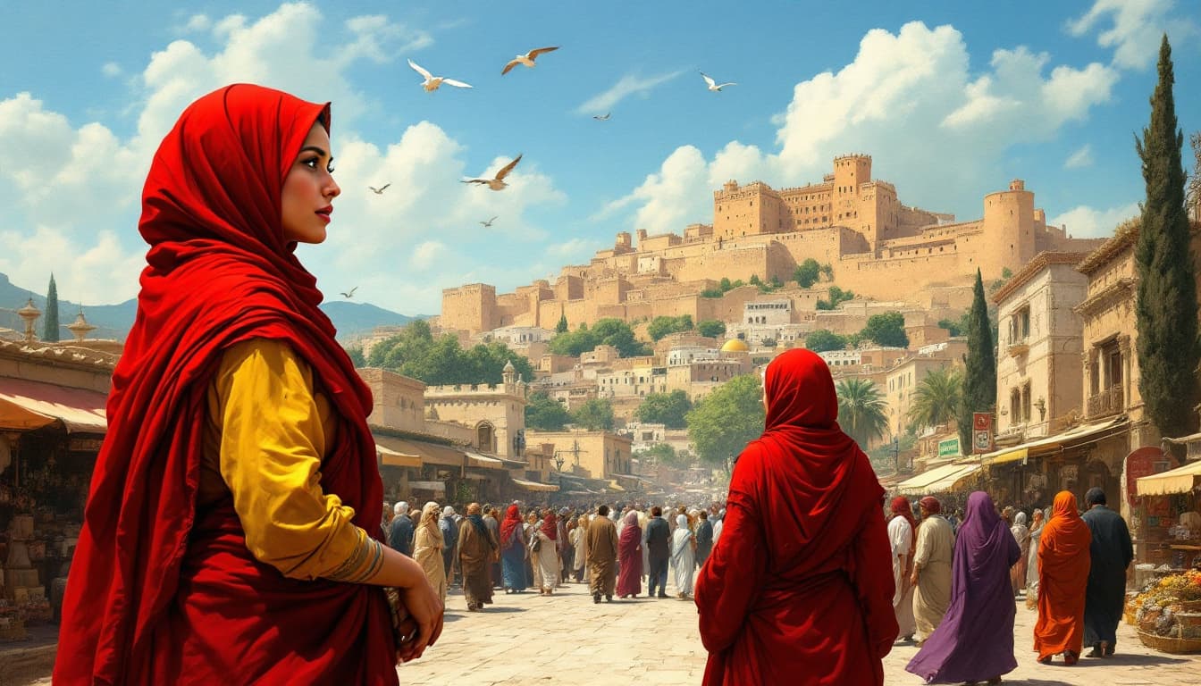 AI generated: a painting of a bustling marketplace in a Middle Eastern city. The two women in the foreground are w...