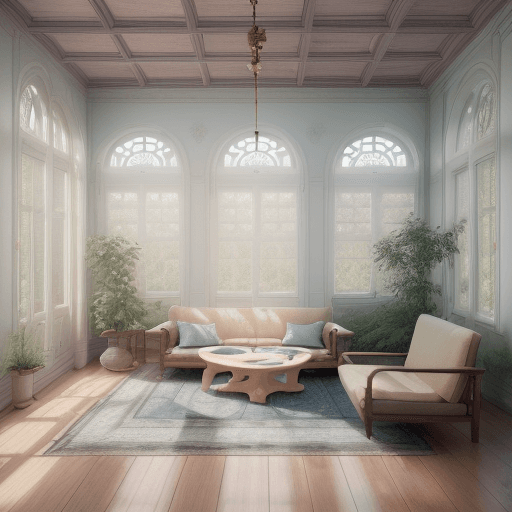 AI generated: High resolution photography interior design, dreamy sunken living room conversation pit, wooden floo...