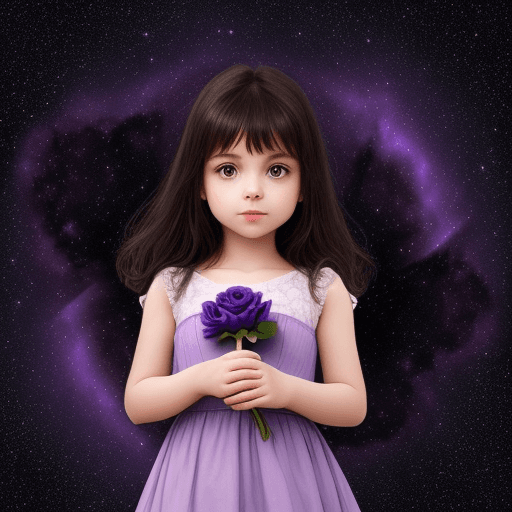 AI generated: an innocent girl holds a rose. cute girl. cartoon. child. background of purple galaxy sky and beauti...