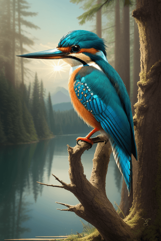 AI generated: Masterpiece, best quality, (a beautiful kingfisher:1.1) (sits on a spruce branch:1.1), (taiga and a ...