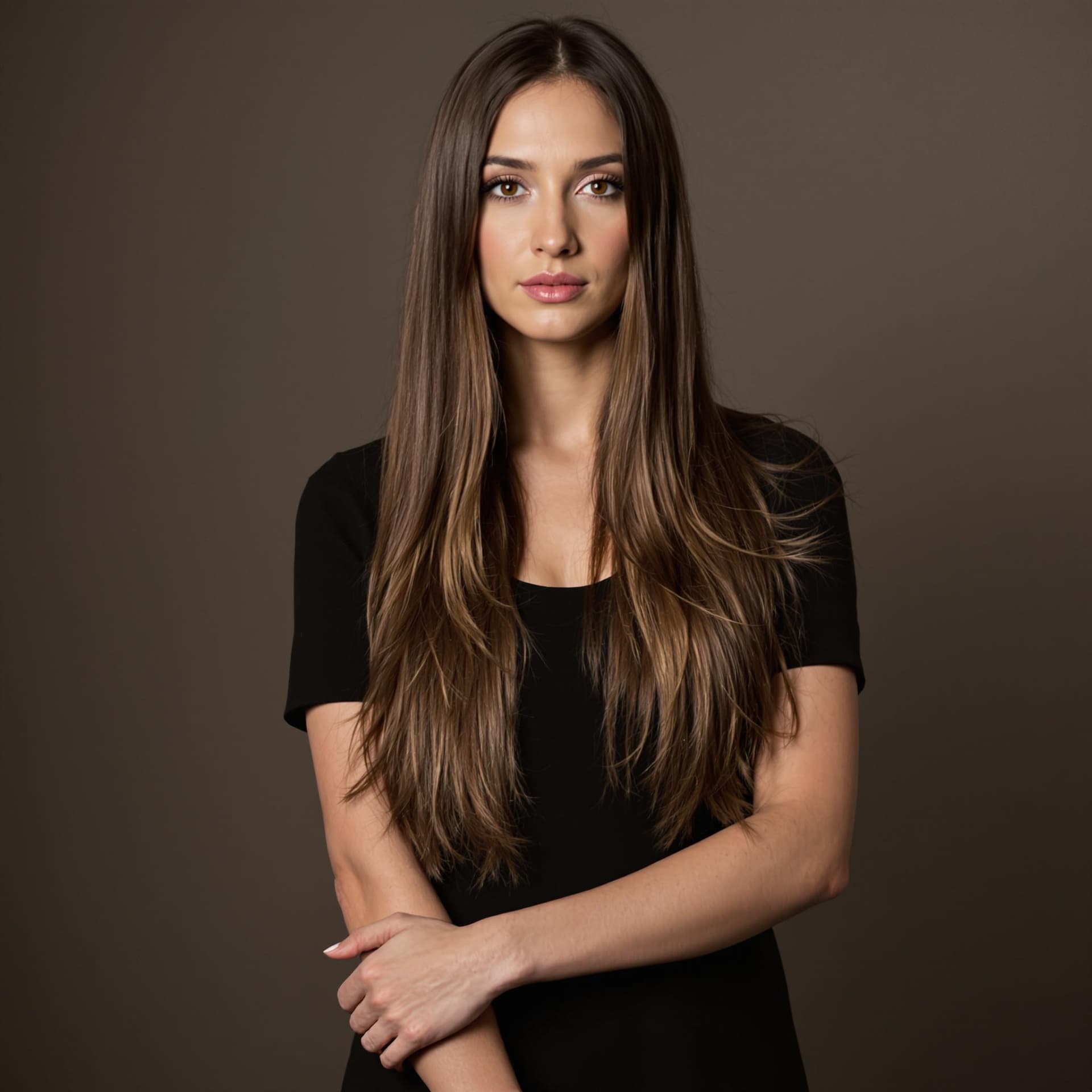 AI generated: A confident woman standing with her face directly to the viewer. Her long, straight hair cascades be...