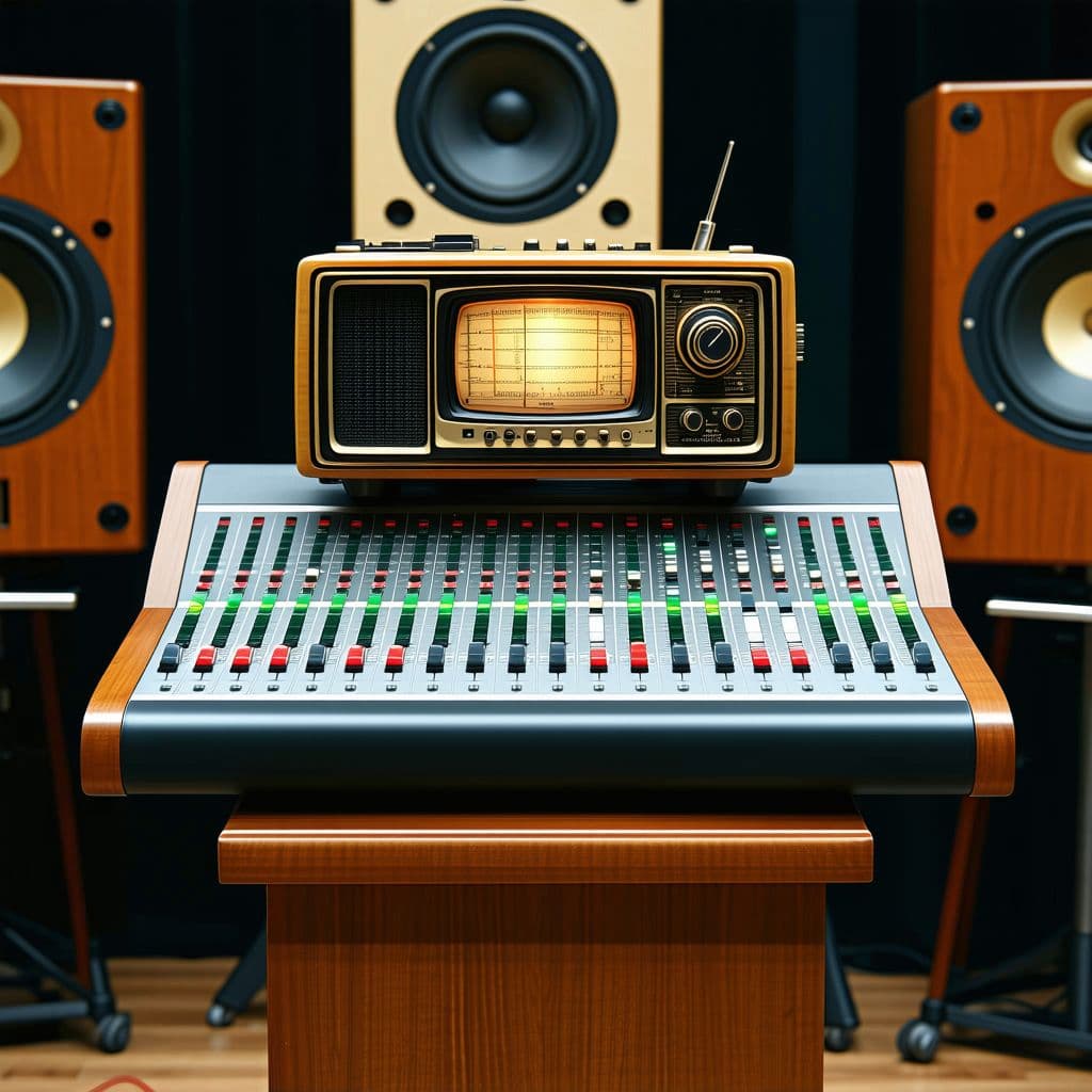 AI generated: hyper realistic old tube radio on a pedestal in front of a mixing console in a recording studio