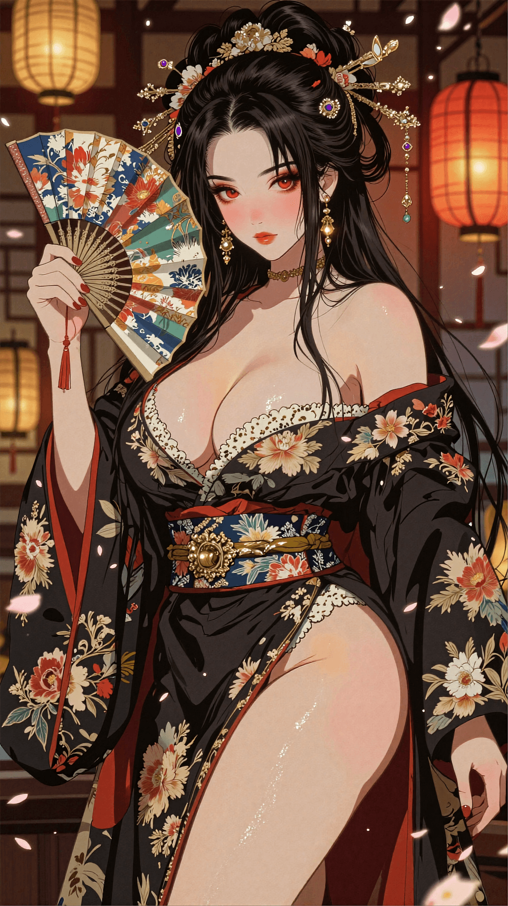 AI generated: realistic anime style, hyperreal lighting, a breathtaking oiran beauty in a cinematic low-angle port...