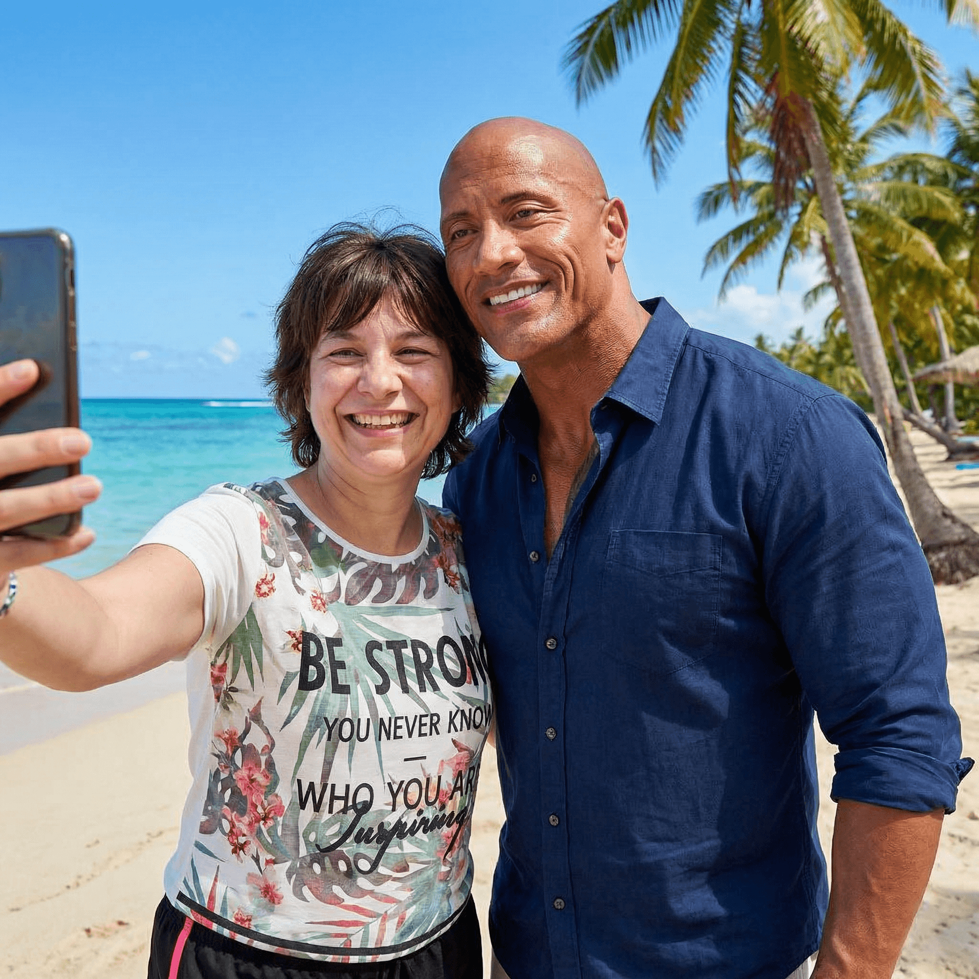 AI generated: with Dwayne Johnson at a tropical beach, sunny day, both smiling