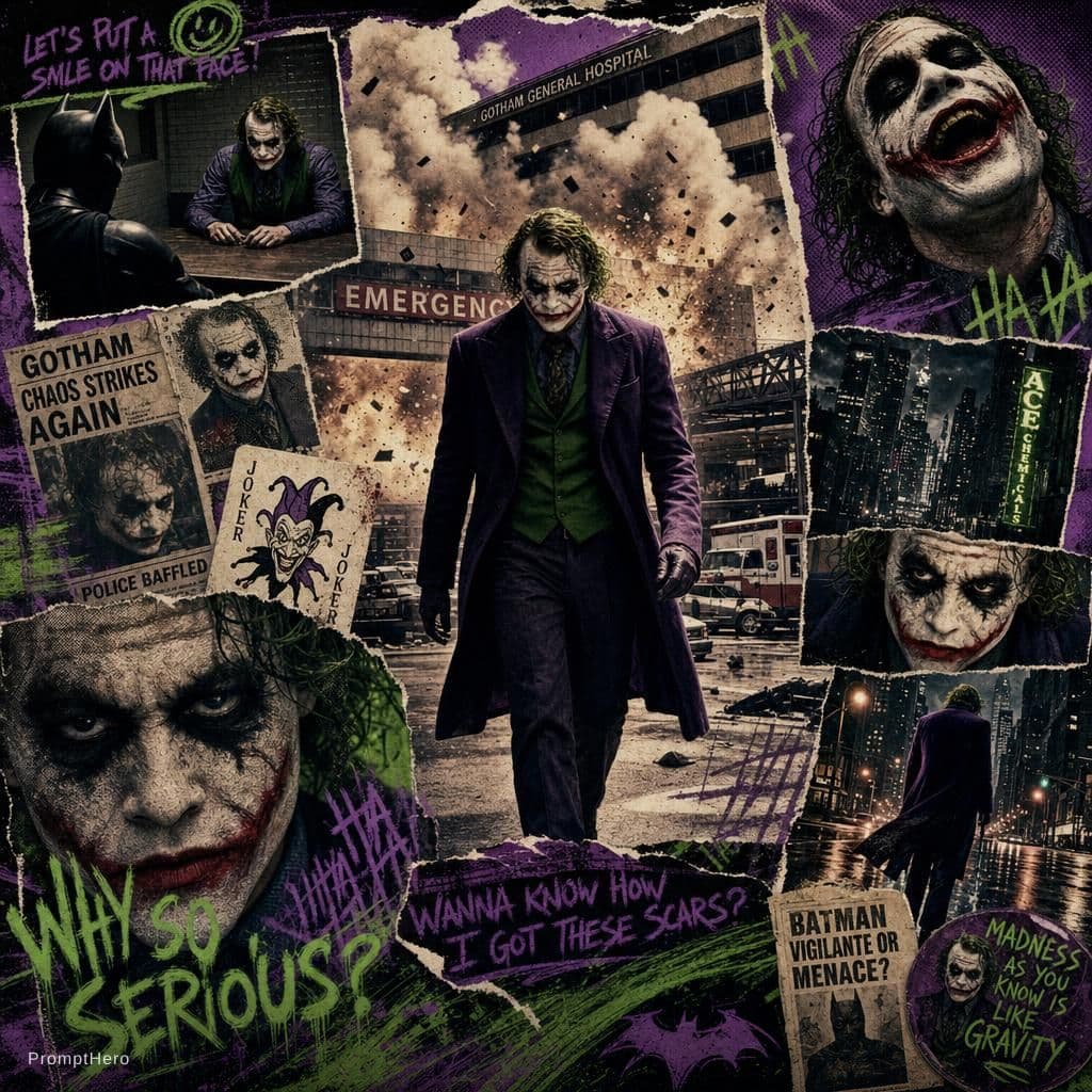 AI generated: A retro vintage collage design of Heath Ledger as the Joker. The central image shows him walking in ...