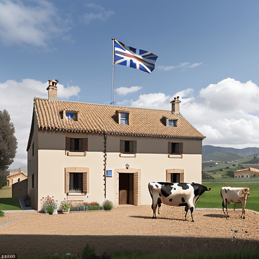 AI generated: Realistic photo. A British flag waving on a roof of a Catalan countryside house. Some cows in front ...