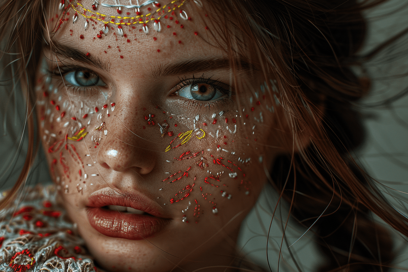 AI generated: Rough thread embroidery on a girl's face, poor quality, no photoshop, no retouching --ar 3:2 --styli...