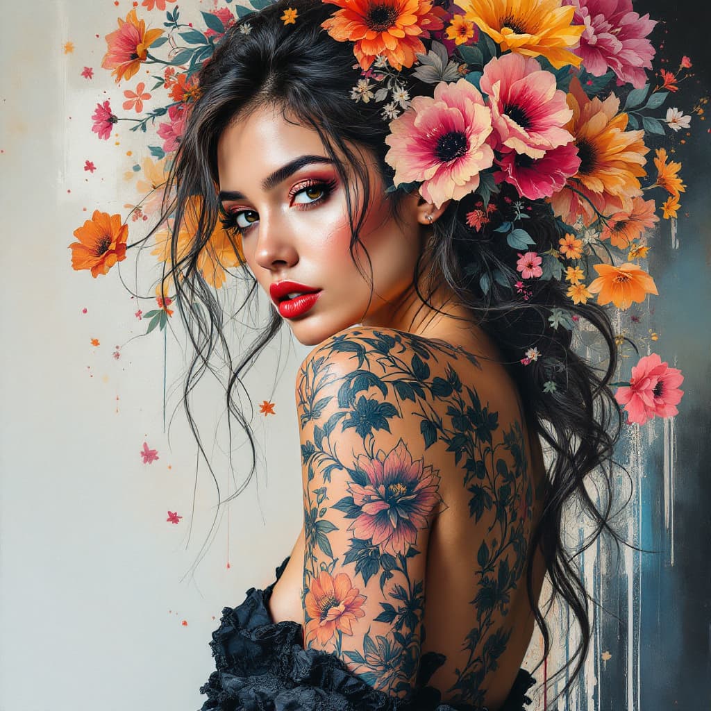 AI generated: Fully flora tattoo, 25 years old gorgeous woman, perfect composition, perfect art splash painting, d...