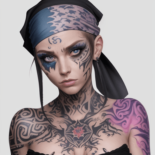 AI generated: verschiedene augenfarben, 8k, masterpice bodytattoo, bandana kopfbedeckung, scharfschütze, junge fra...