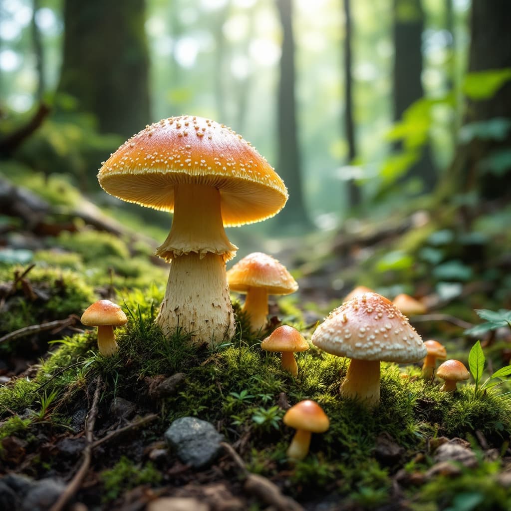 AI generated: In the green and healthy forest, there are some healthy looking mushrooms
