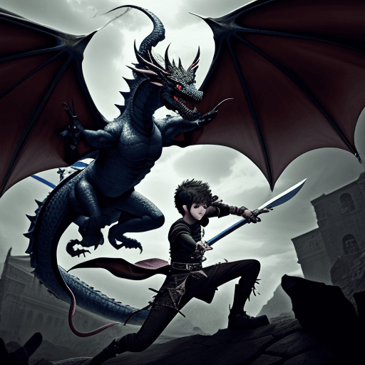 AI generated: demon boy
HD , postura con espada a ataque, si conbinar la espada al usuario,
 con un dragon al fond...