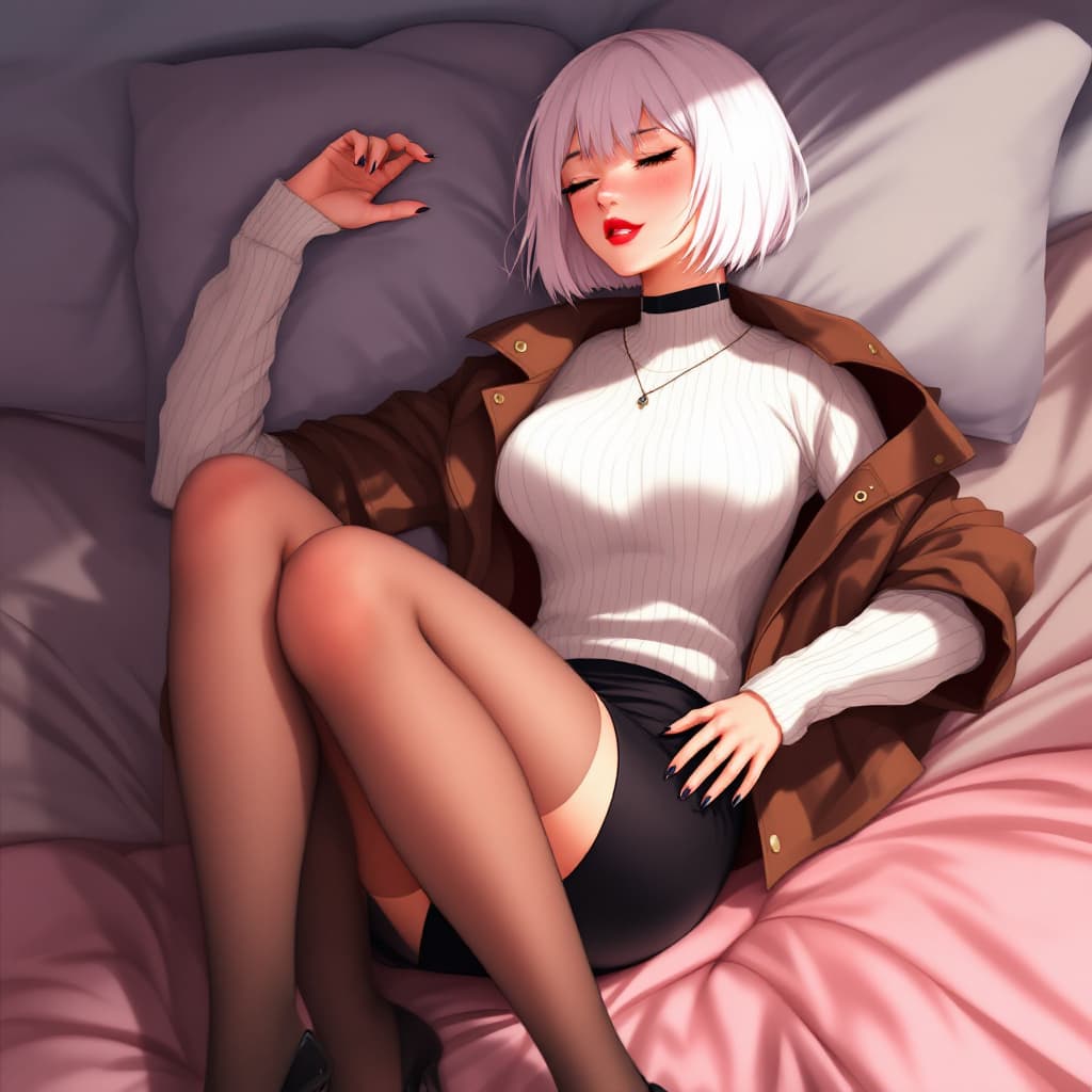 AI generated: anime, woman, white hair, bob cut, closed eyes, freckles, red lips, white sweater, tight sweater, sh...