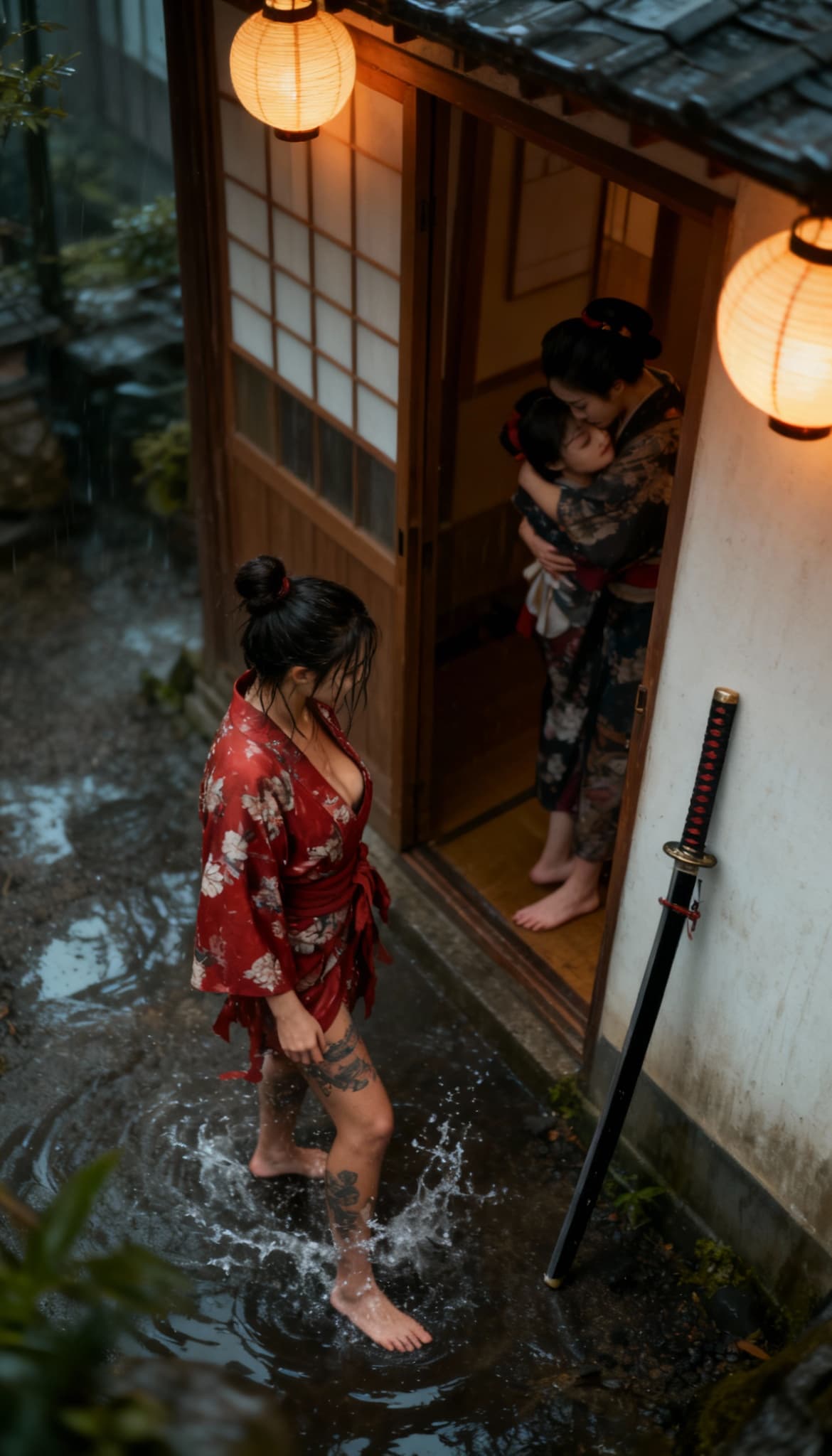 AI generated: full body view, barefoot, long legs, katana at his side leaning against the wall Freepik_full    lea...