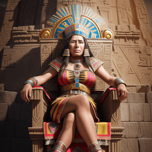 AI generated: Latina inca 30 years-old woman sitting on an ancient throne with crossed legs in pyramid background,...