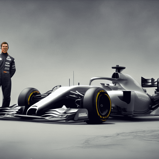 AI generated: F1 car from mercedes, with the pilot standing next to it, in the style of sam spratt, historical ill...