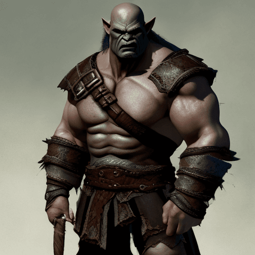 AI generated: full body, walking pose, slow motion, bald half-orc barbarian with an eye-patch, masculine, muscular...