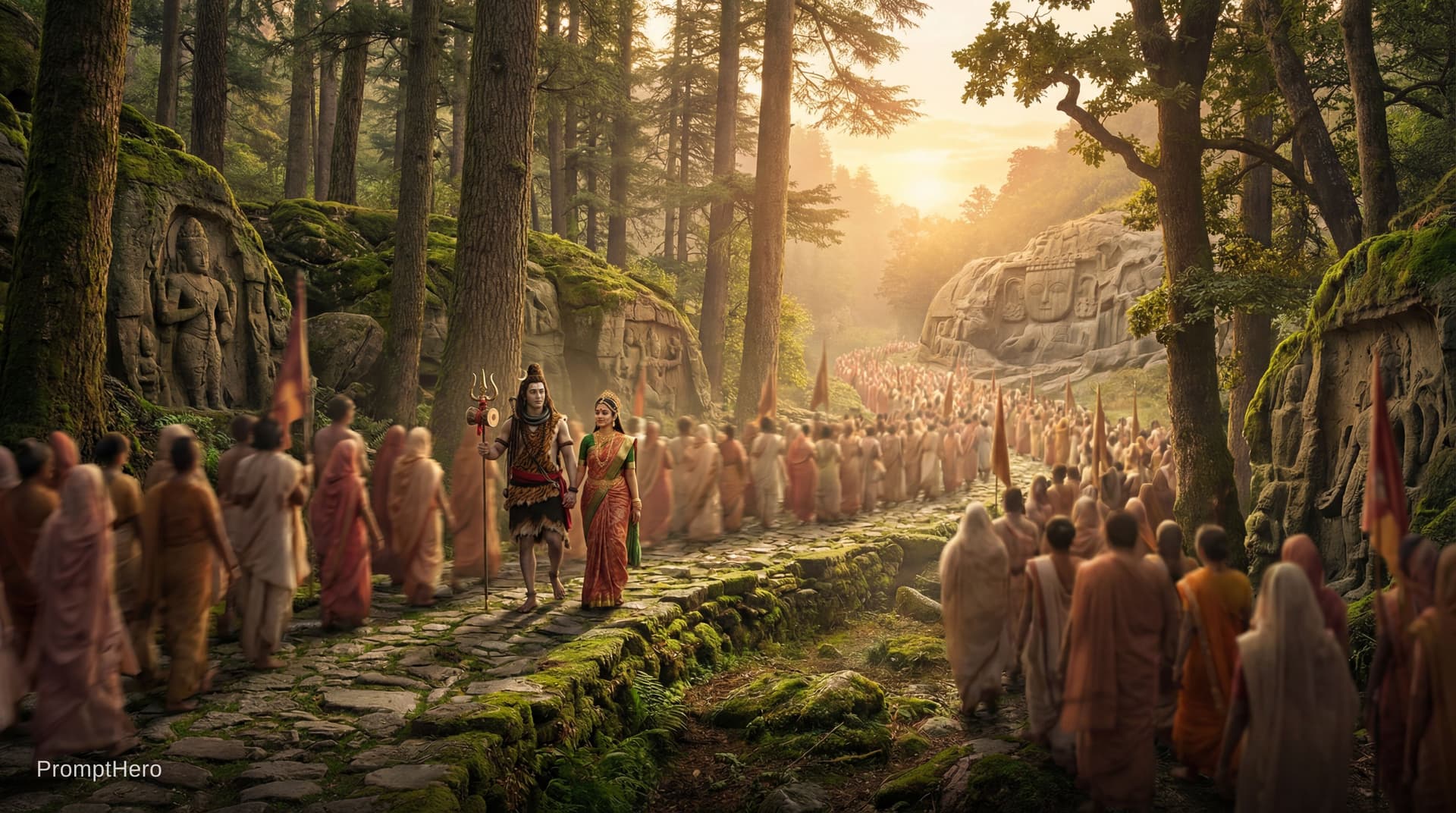 AI generated: “Ancient Himalayan forest path with Lord Shiva holding trident and drum, walking alongside Parvati a...
