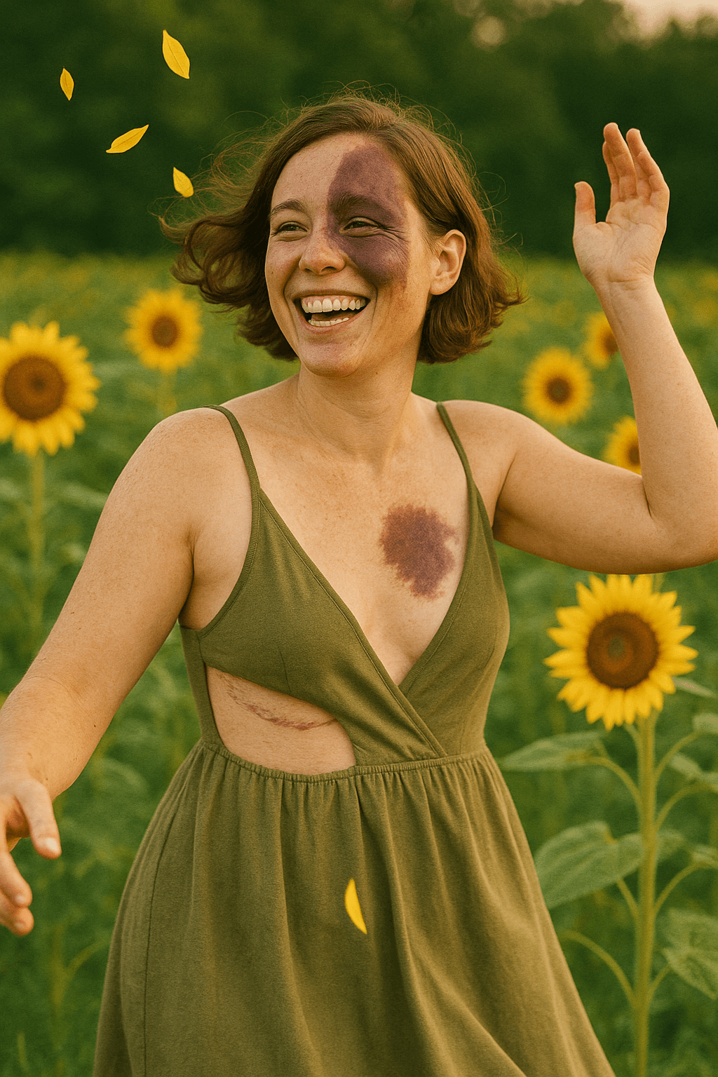 AI generated: A joyful woman dances in a wide sunflower field at golden hour, her olive dress flowing as she laugh...
