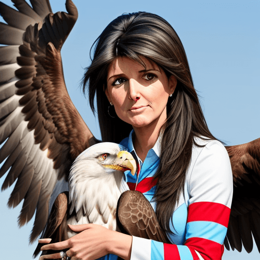 AI generated: nikki haley petting a large eagle with a red right wing, a blue left wing, vertical red and white st...