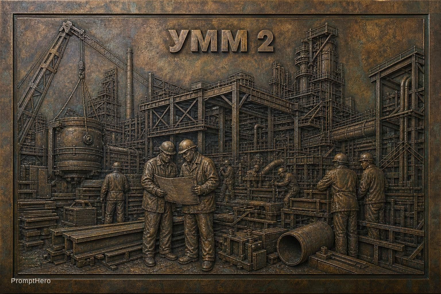 AI generated: Create an extremely large, super-detailed metal plaque with a bas-relief on an antique, patinated co...