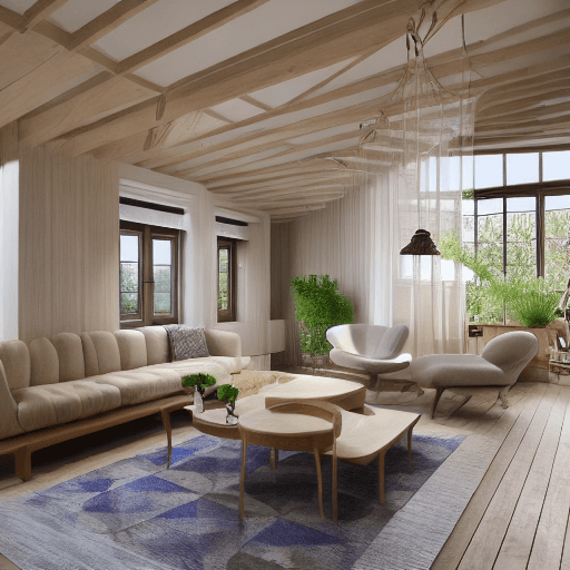 AI generated: High resolution photography interior design, dreamy sunken living room conversation pit, wooden floo...