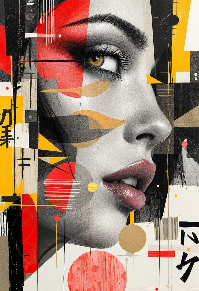 AI generated: Charming woman close up, her face, in abstract art. Fascinating design, in abstract, geometric shape...