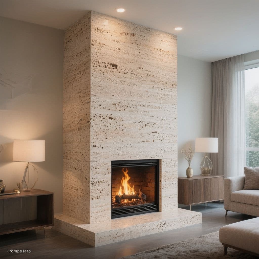 AI generated: i want a modern fireplace with the travertin italian texture in a big modern living room picture tak...