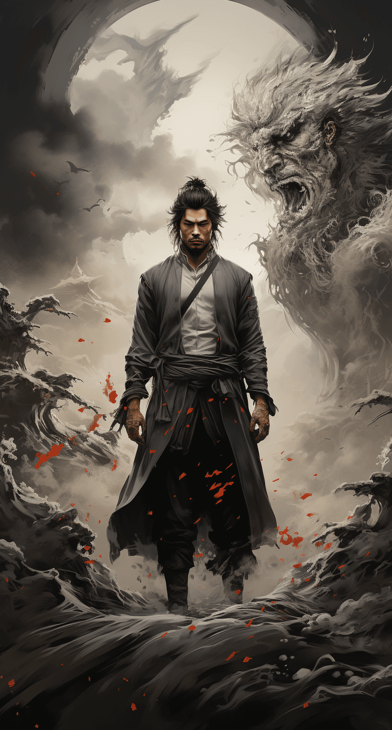AI generated: japanese samurai in front of a dragon, in the style of minimalist ink wash, 2d game art, witchcore, ...