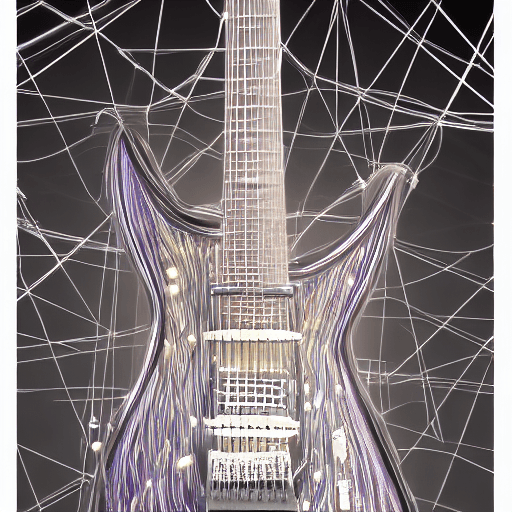 AI generated: skeletal electric guitar, cosmic guitar strings, cinematic lighting, 3d prop art, --ar 9:16