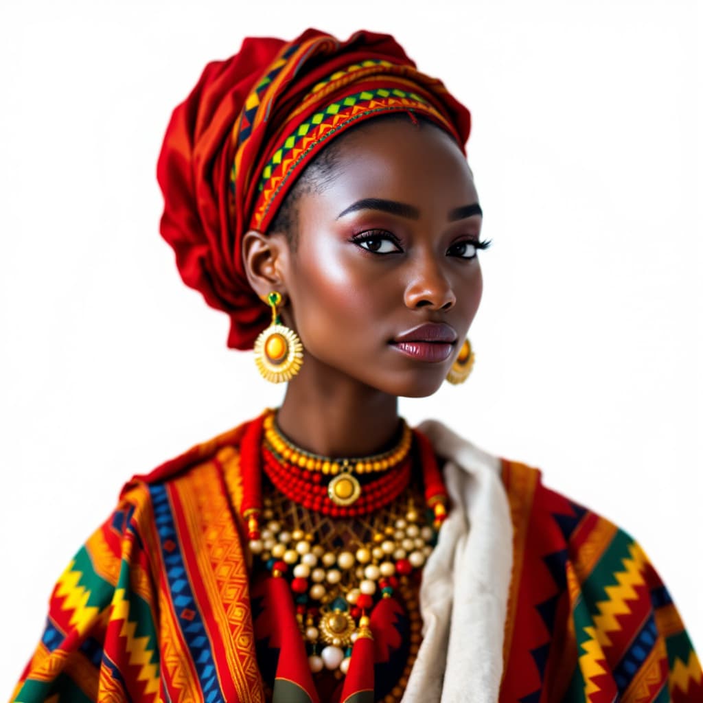 AI generated: beautiful (Ethiopian) woman in traditional (Native dress), white background, digital art, air-brushe...