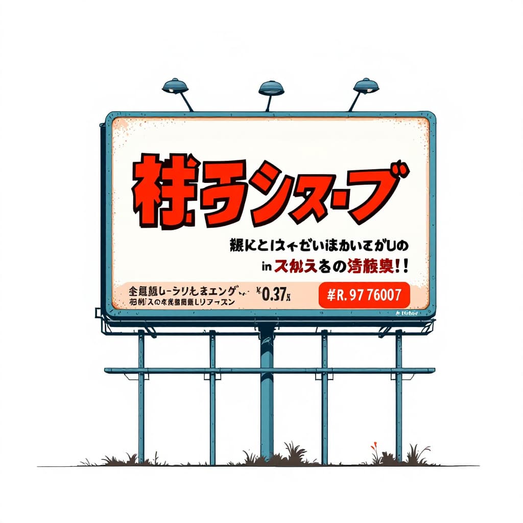 AI generated: fast food ad, billboard sign, 90s, anime, japanese pop, japanese words, in the style of Jamie Hewlet...