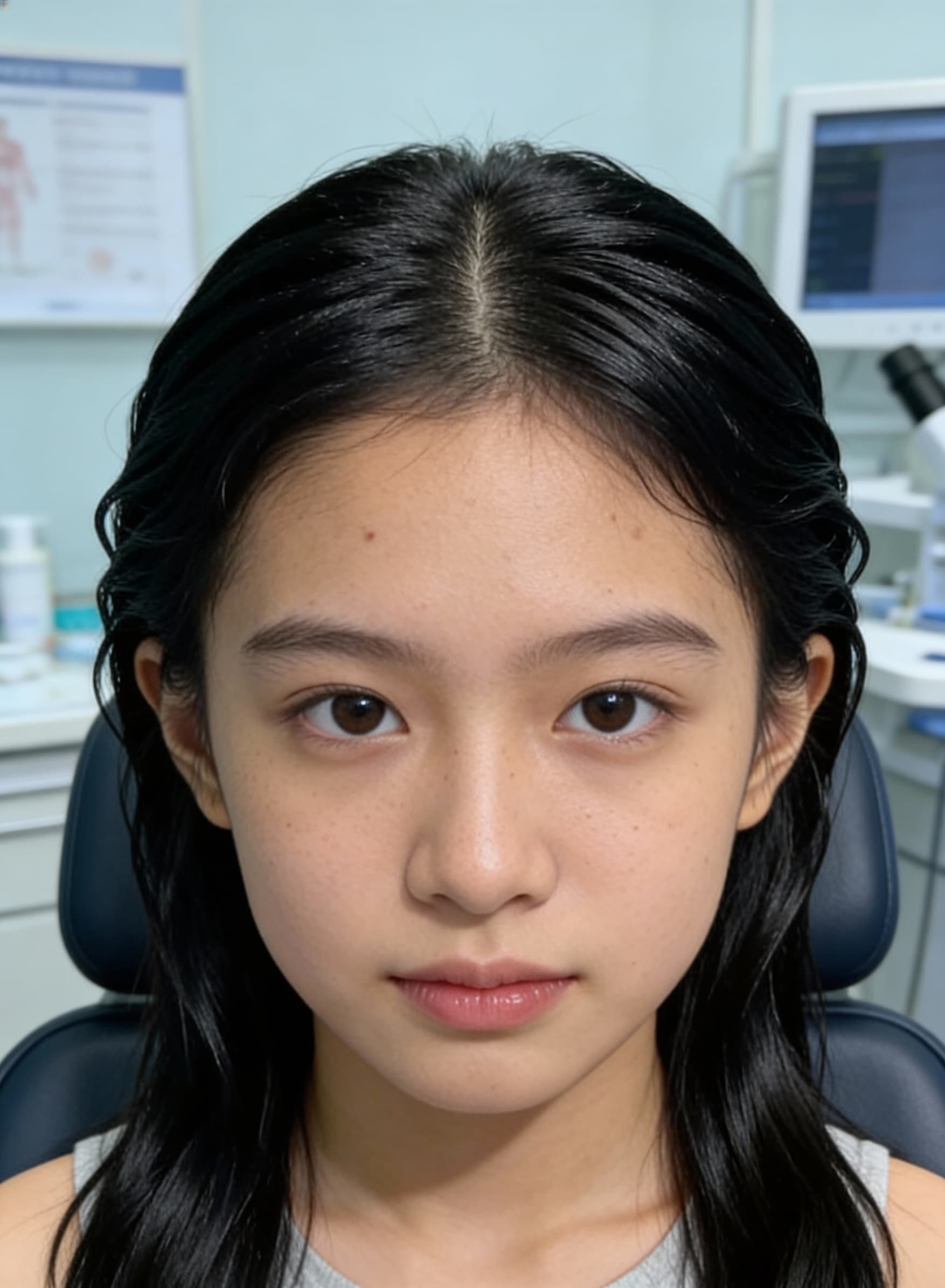 AI generated: focus on a black and silk hair of a girl setting in a dermatologist clinic as a picture before the t...