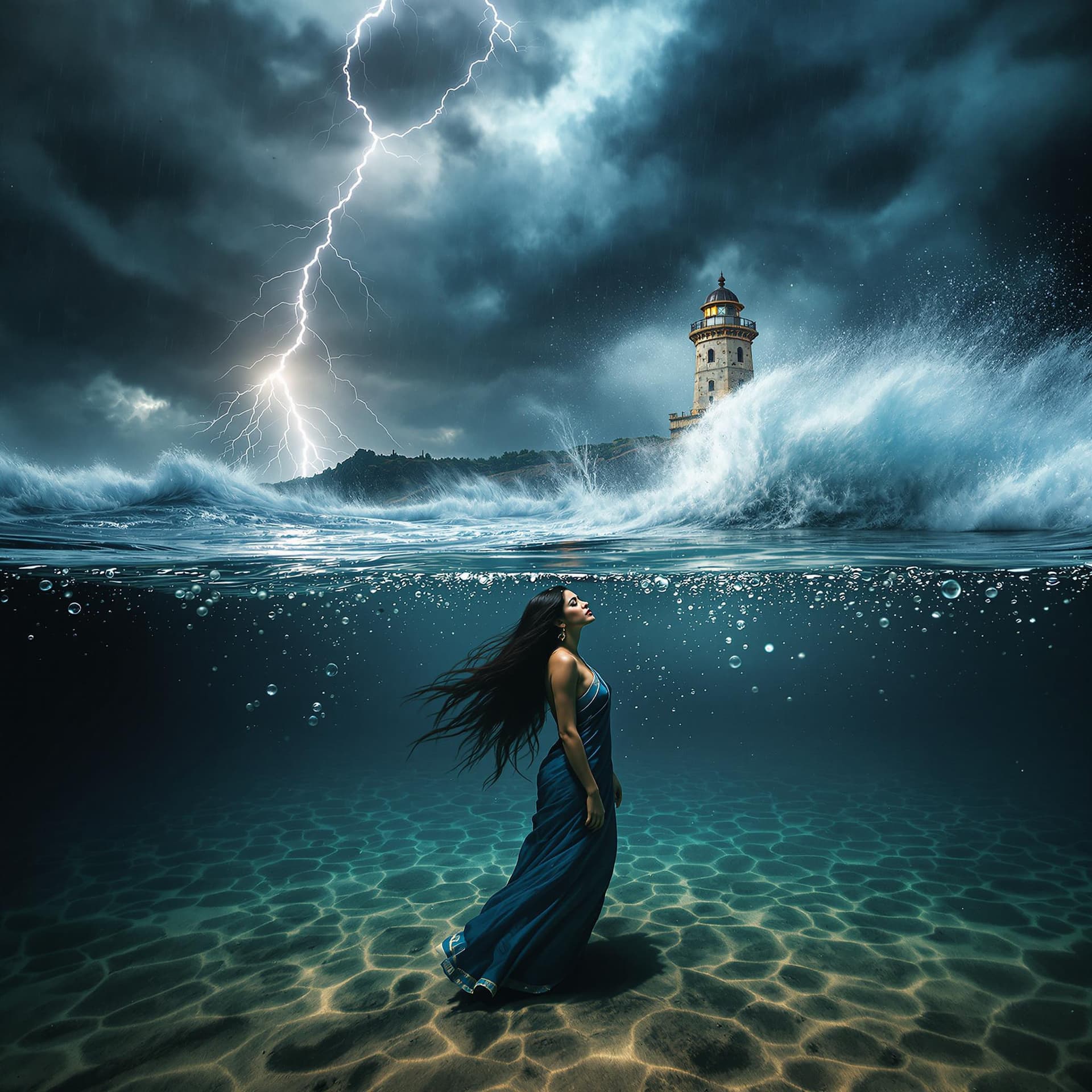 AI generated: A cinematic split-frame composition where the lens is half-submerged underwater. Below the surface, ...
