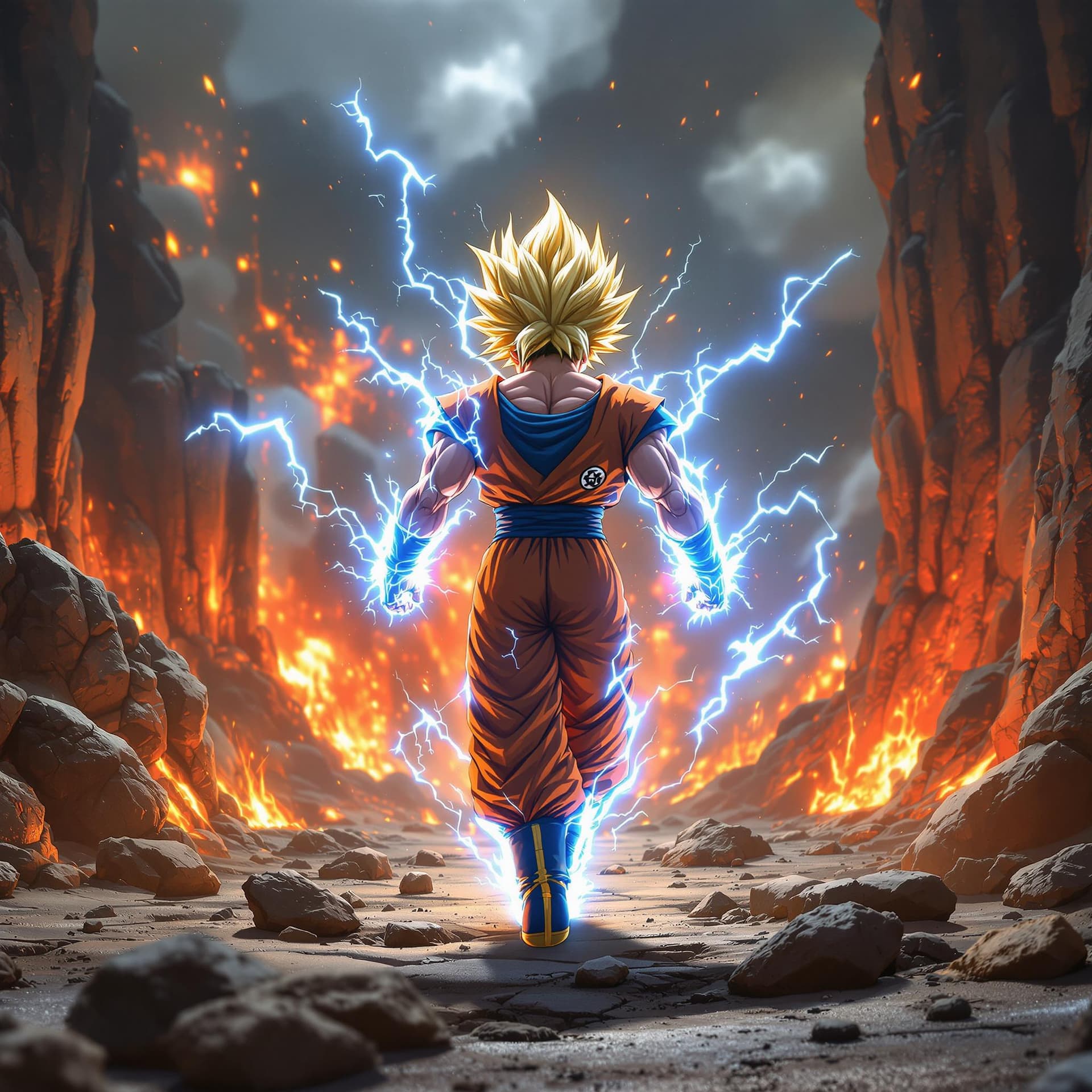 AI generated: realistic anime super saiyan 4 walking forward as the ground is erupting and rocks are flying and el...