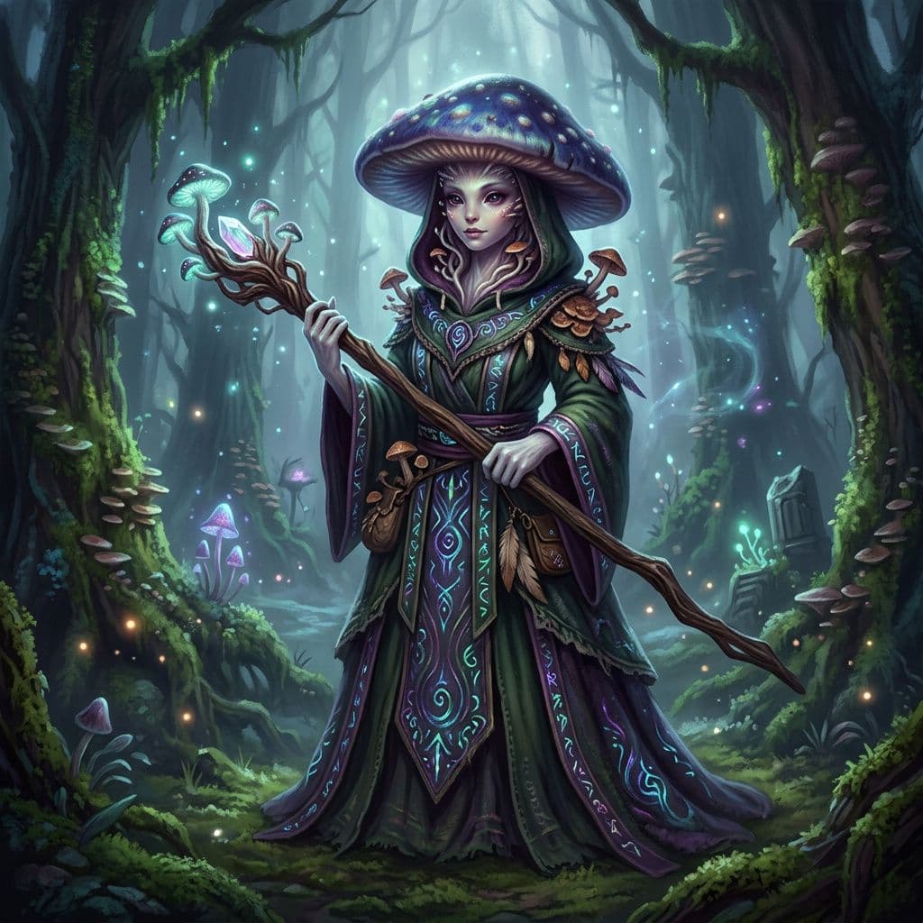 AI generated: A female psilocybin mushroom person witch with beautiful face and features, holding a two handed sta...