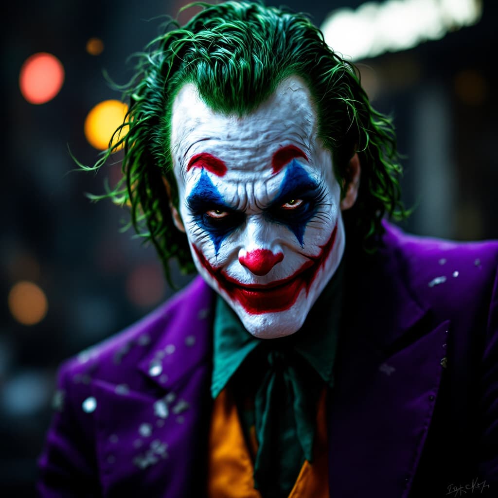 AI generated: the joker with so much purple on behind