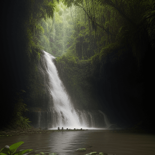 AI generated: hazme una imagen paisajística del río amazonas, con una cascada. En las orillas del río imagenes de ...