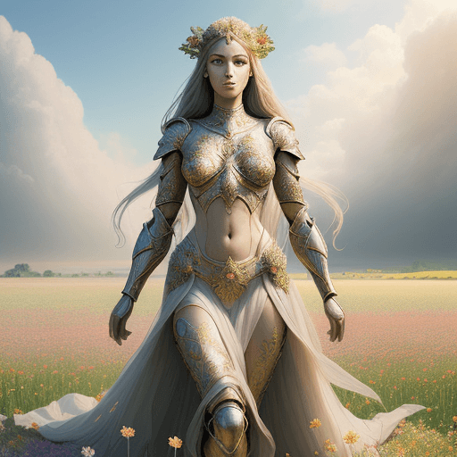 AI generated: hyperrealistic full length portrait of gorgeous goddess | standing in field full of flowers | detail...