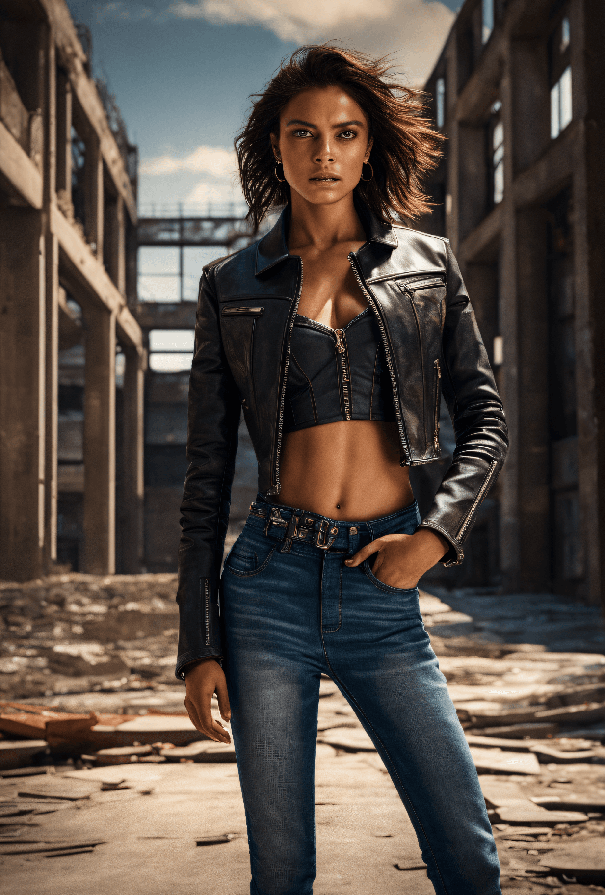 AI generated: hyperrealistic art A photo of a confident young woman with a slim figure, wearing jeans, a stylish c...