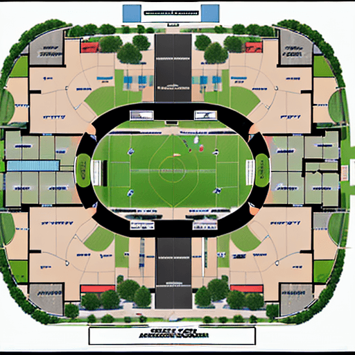 AI generated: Create a floor plan for a sports complex, where the parking lots are to the north, the administrativ...