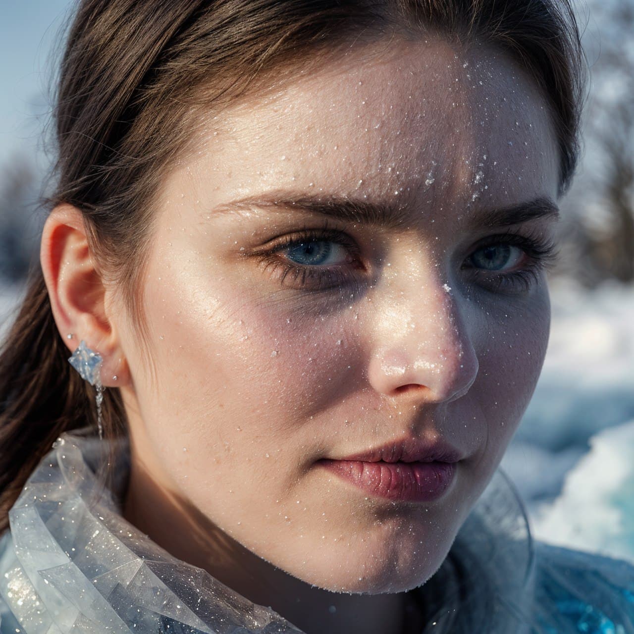 AI generated: Icy queen awakens as seen through cracked ice, snow, frost, winter, blue hue, high definition, (Mast...