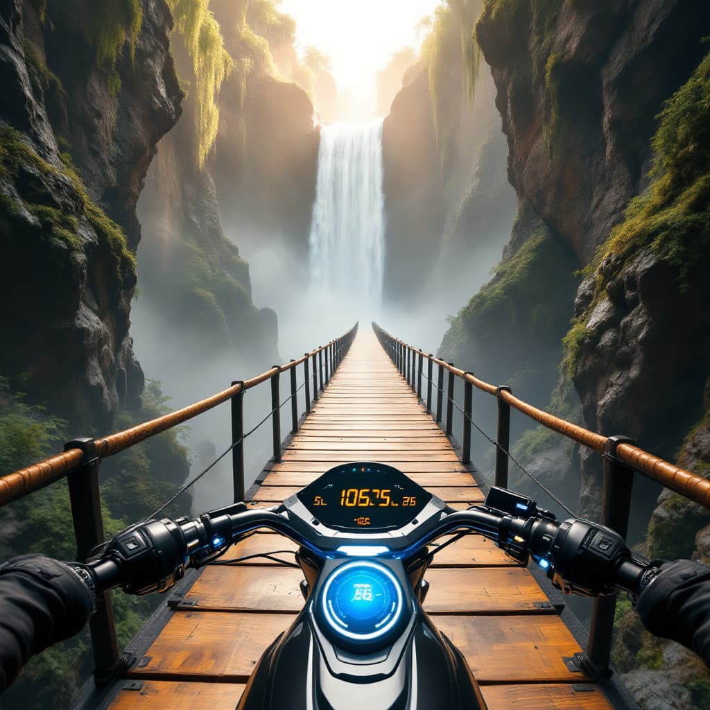 AI generated: First-person POV from a futuristic motorcyclist riding a magnetic levitation hoverbike on a narrow w...